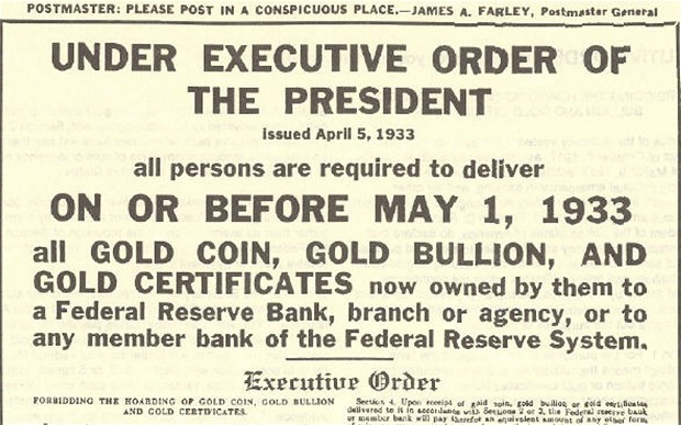 Picture of the Executive Order 6102, which sanctioned that Americans had to deliver the gold possessions to the Federal reserve System