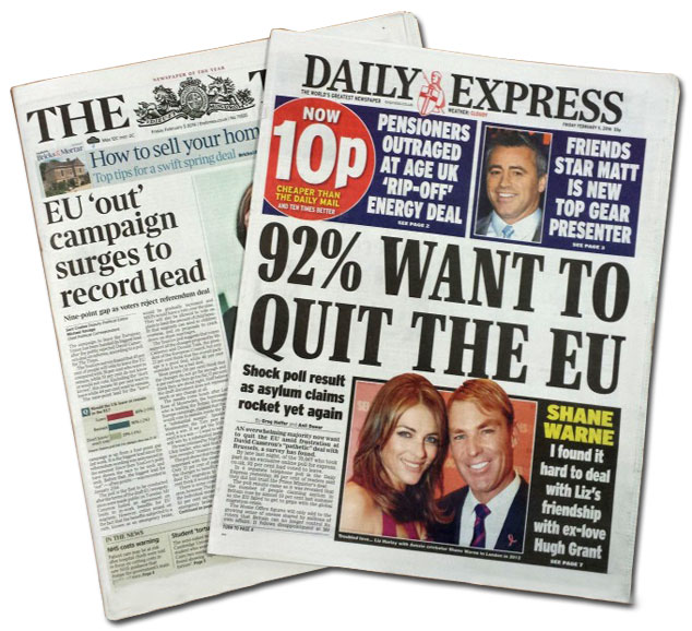 Covers of The Times and Daily Express showing high poll numbers for Brexit