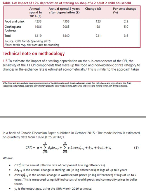 Table showing the impact of the sterling depreciation and a technical note on methodology