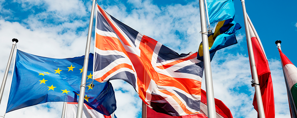 Union Jack and European Union flag waving in the wind, amongst other