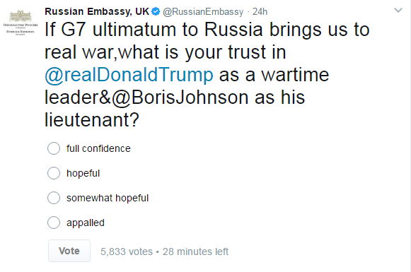 Tweet of the Russian Embassy in UK about the confidence levels of Trump