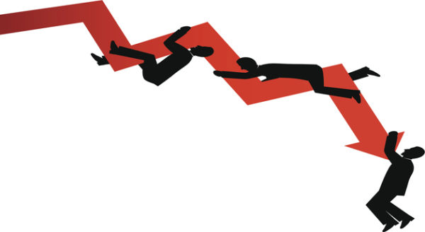 Drawing of a declining index with investors holding onto it.