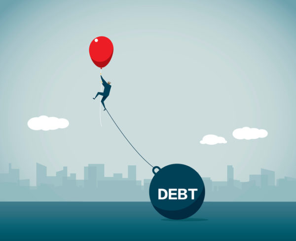 Illustration of an individual flying with a balloon while being anchored by debt