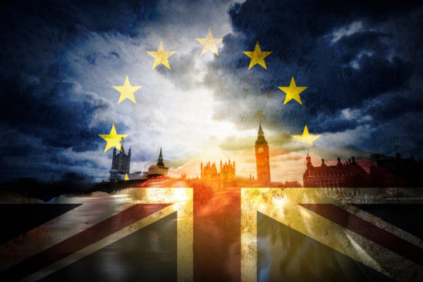 London blended with an image of the EU European Union flag.