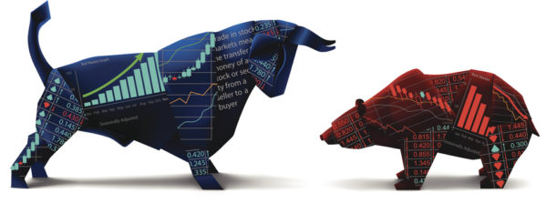 Bull and bear shapes look like made of origami paper with symbols of stock market trends on them.
