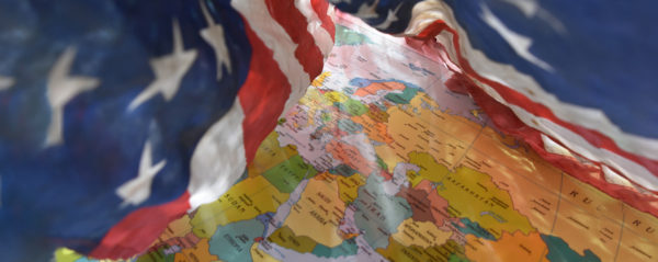 Map of the Middle East covered by the American flag