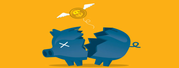 Illustration of a broken pig pot and a dollar coin flying away