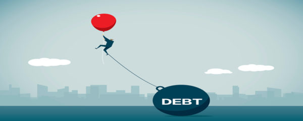 Illustration of an individual flying with a balloon while being anchored by debt