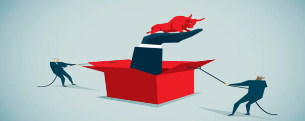Illustration of a bull being unboxed by two businessmen